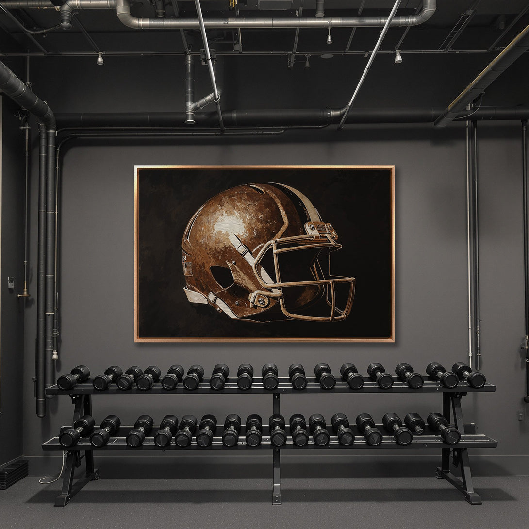 Framed Wall Art: Rustic football helmet in brown tones. Modern, industrial interior with dark gray walls. Perfect for a gym or man cave.