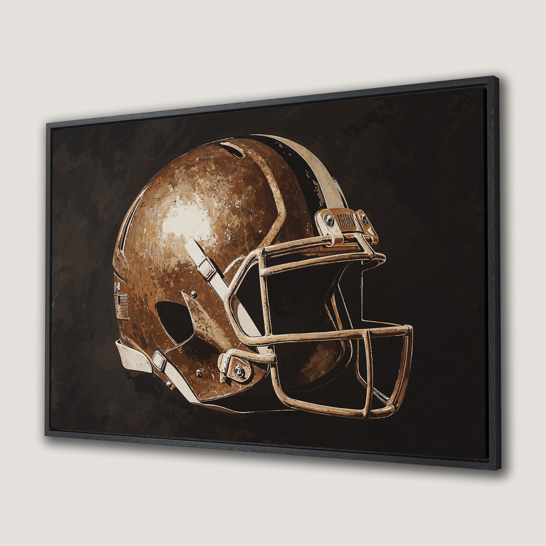Framed Wall Art featuring a vintage football helmet in a rustic style, with a warm brown and black color palette. Perfect for sports fans!