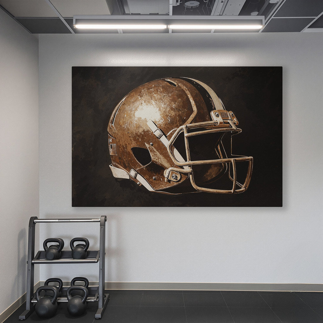 Framed Wall Art: Football helmet canvas print in a gym setting. Brown and black color palette complements the teal walls. Perfect for sports fans!