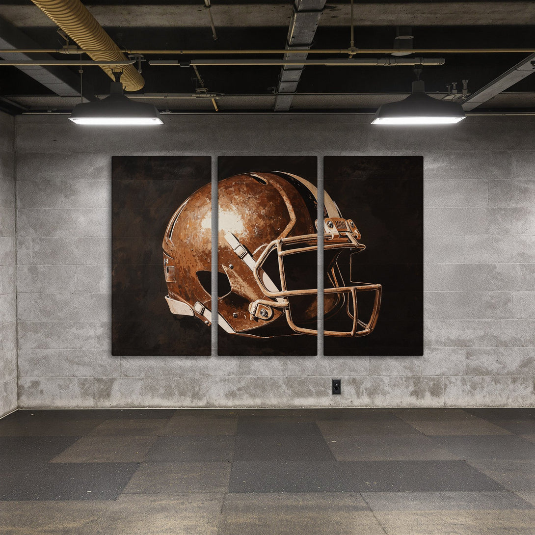 Canvas Print of a vintage football helmet in a rustic, industrial style. Warm brown and neutral color palette. Perfect wall art for sports fans.