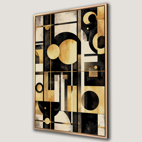 Framed Wall Art featuring an abstract geometric design in black, gold, and beige. Modern art piece perfect for any interior.