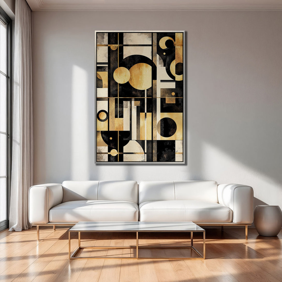 Framed Wall Art: Geometric abstract art in gold, black, and beige. Modern canvas print adds a touch of elegance to any interior.