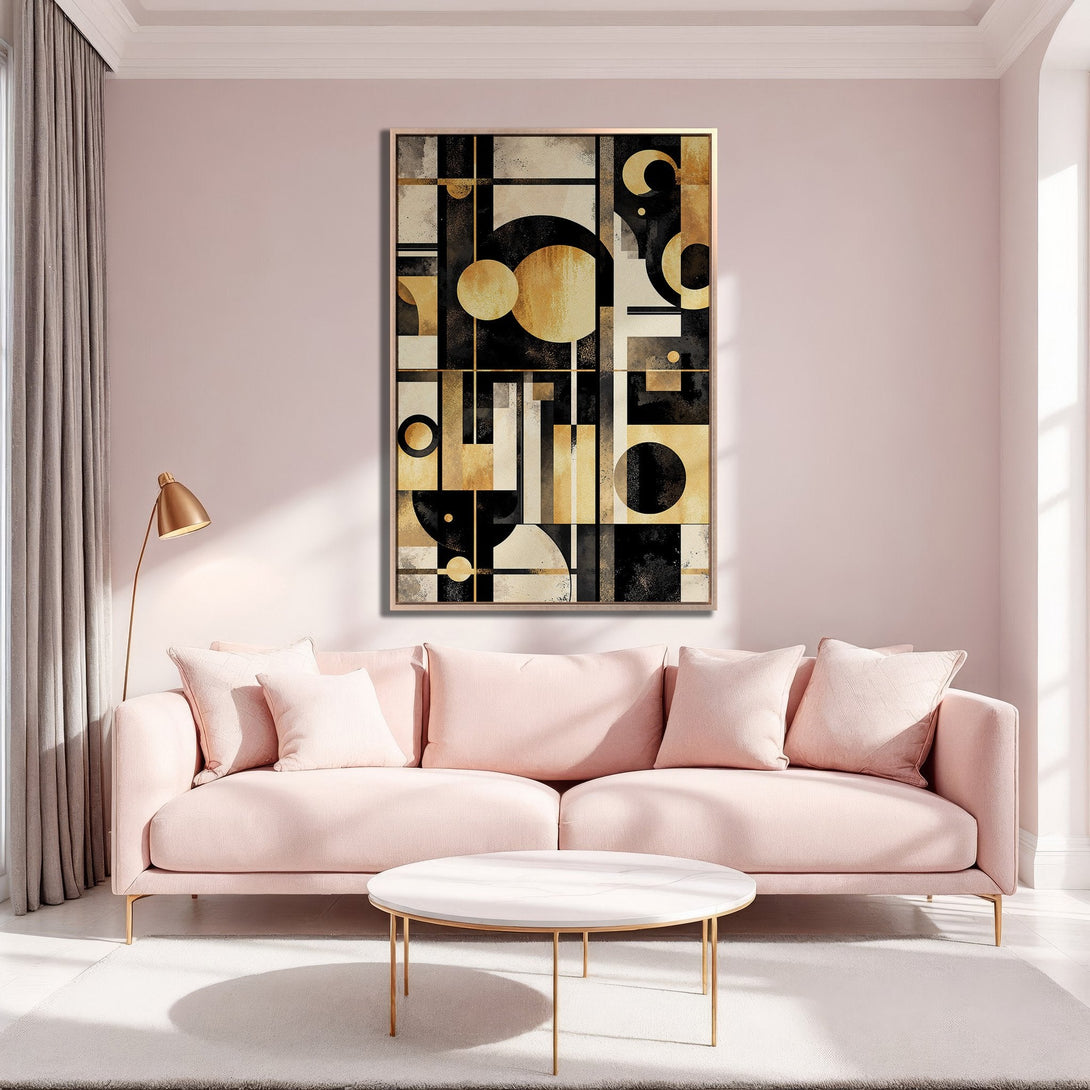 Framed Wall Art: Modern abstract geometric design in black, gold, and beige. Stylish interior decor with a blush pink and gold color palette. Elevate your space!