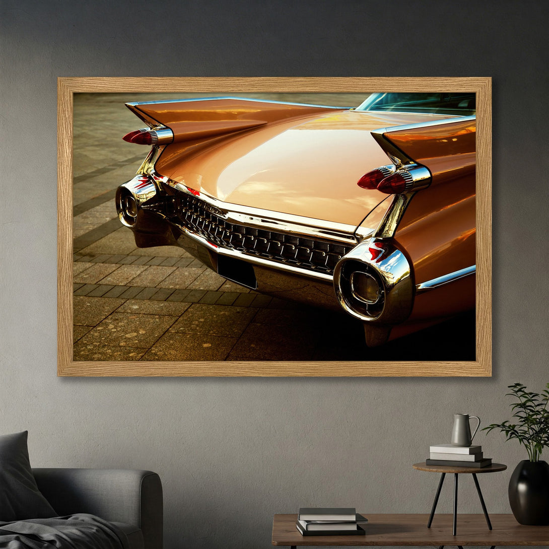Framed Poster of a classic car's tail fin. Retro style with warm, golden color palette, perfect for vintage car enthusiasts.