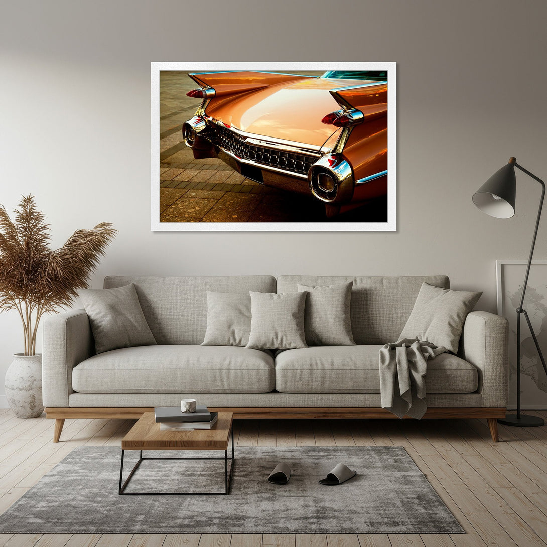 Framed Poster of a classic car in warm tones. Vintage style art print perfect for home decor.