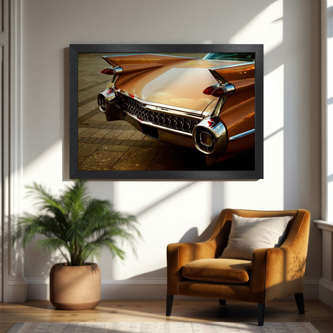 Framed Poster featuring a classic car's tail fin. Warm, vintage style with a gold and brown color palette. Perfect wall art!