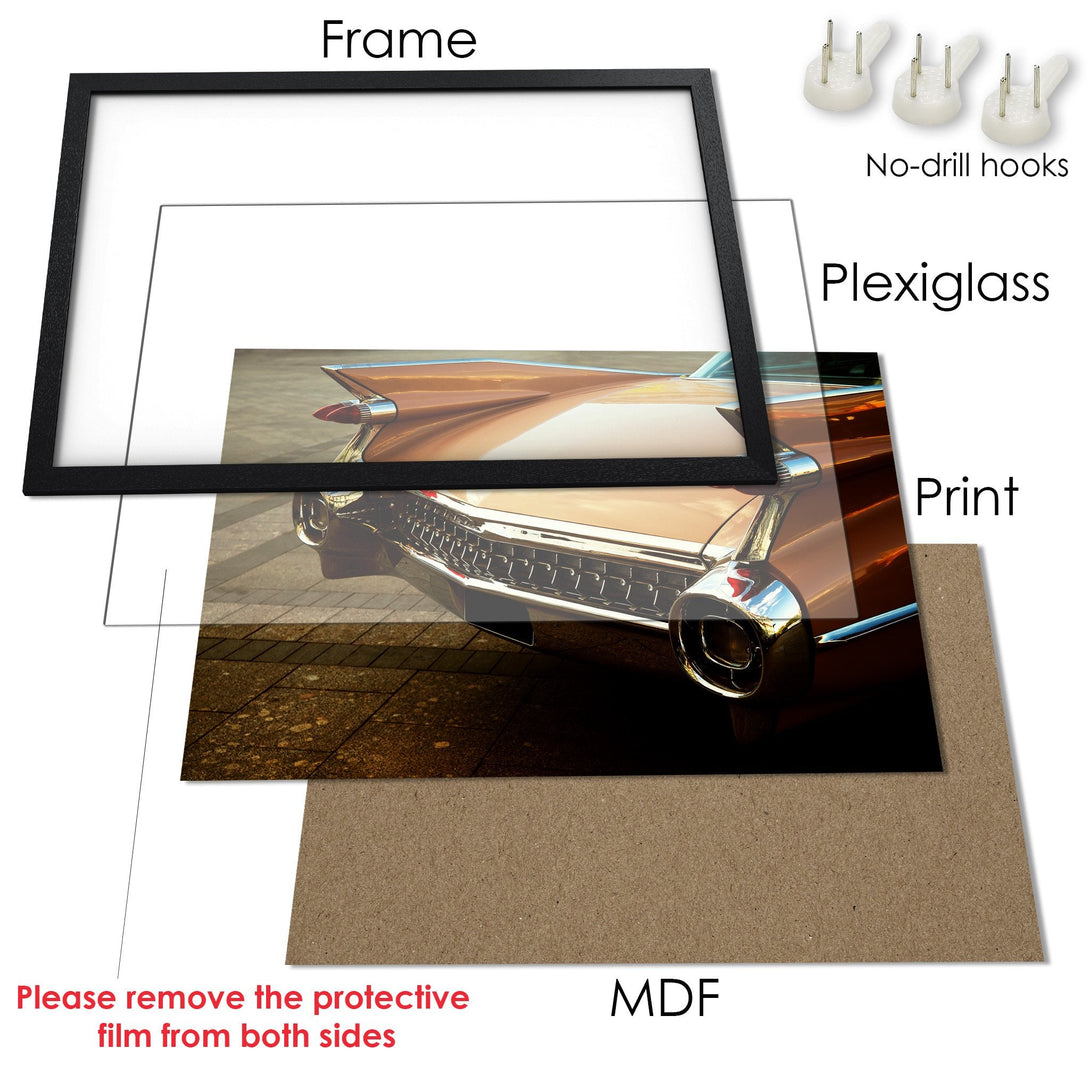 Framed Poster featuring a classic car in warm tones. Stylish art print for your home decor.