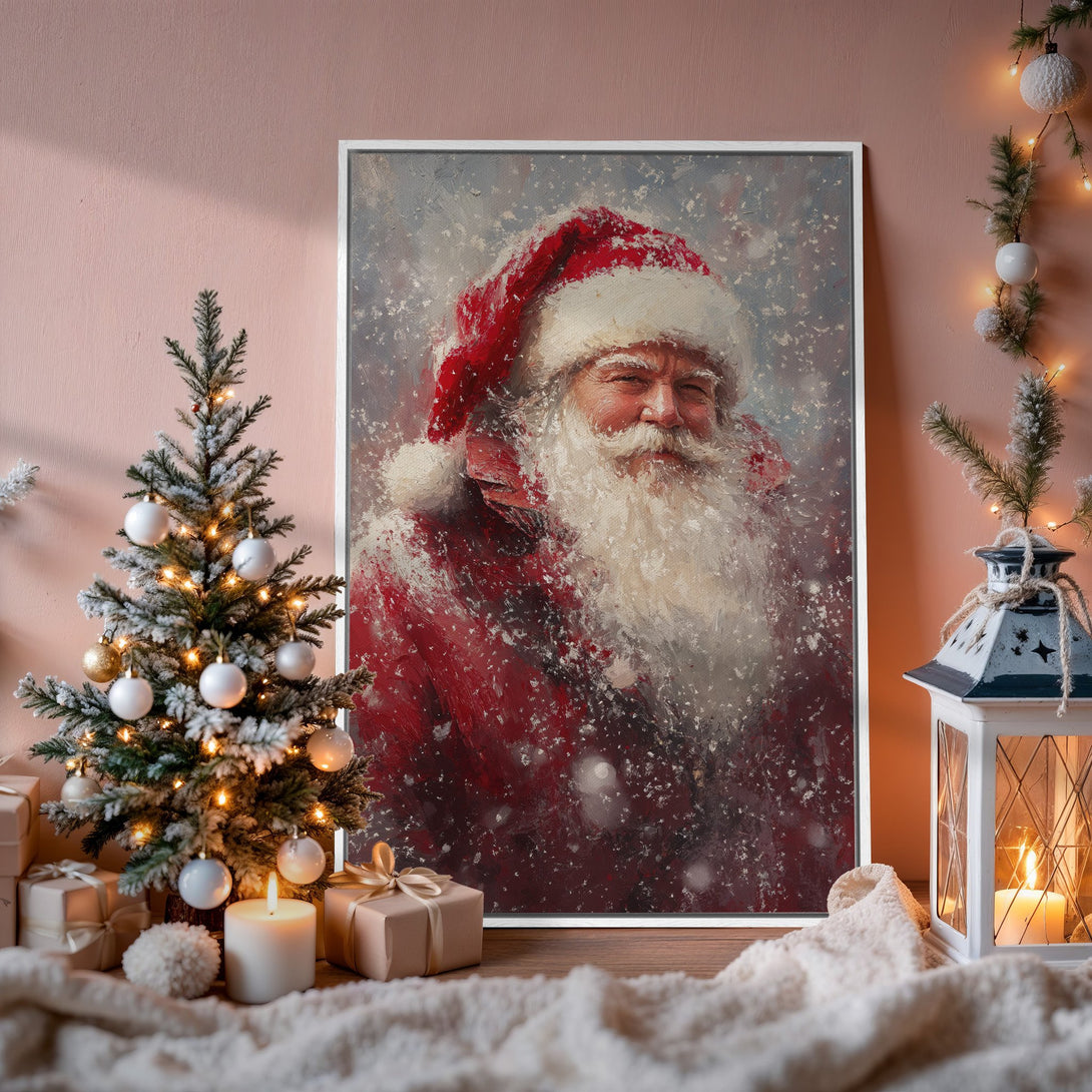 Framed Wall Art: Santa Claus portrait in red & white. Festive Christmas decor with a cozy, warm color palette. Perfect holiday gift!