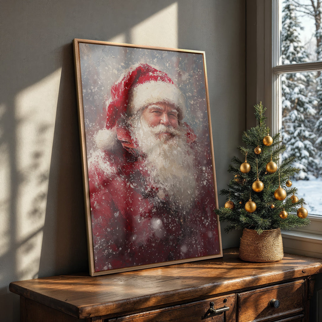 Framed Wall Art: Santa Claus portrait in a painterly style, featuring a red and white color palette. Perfect Christmas decor!