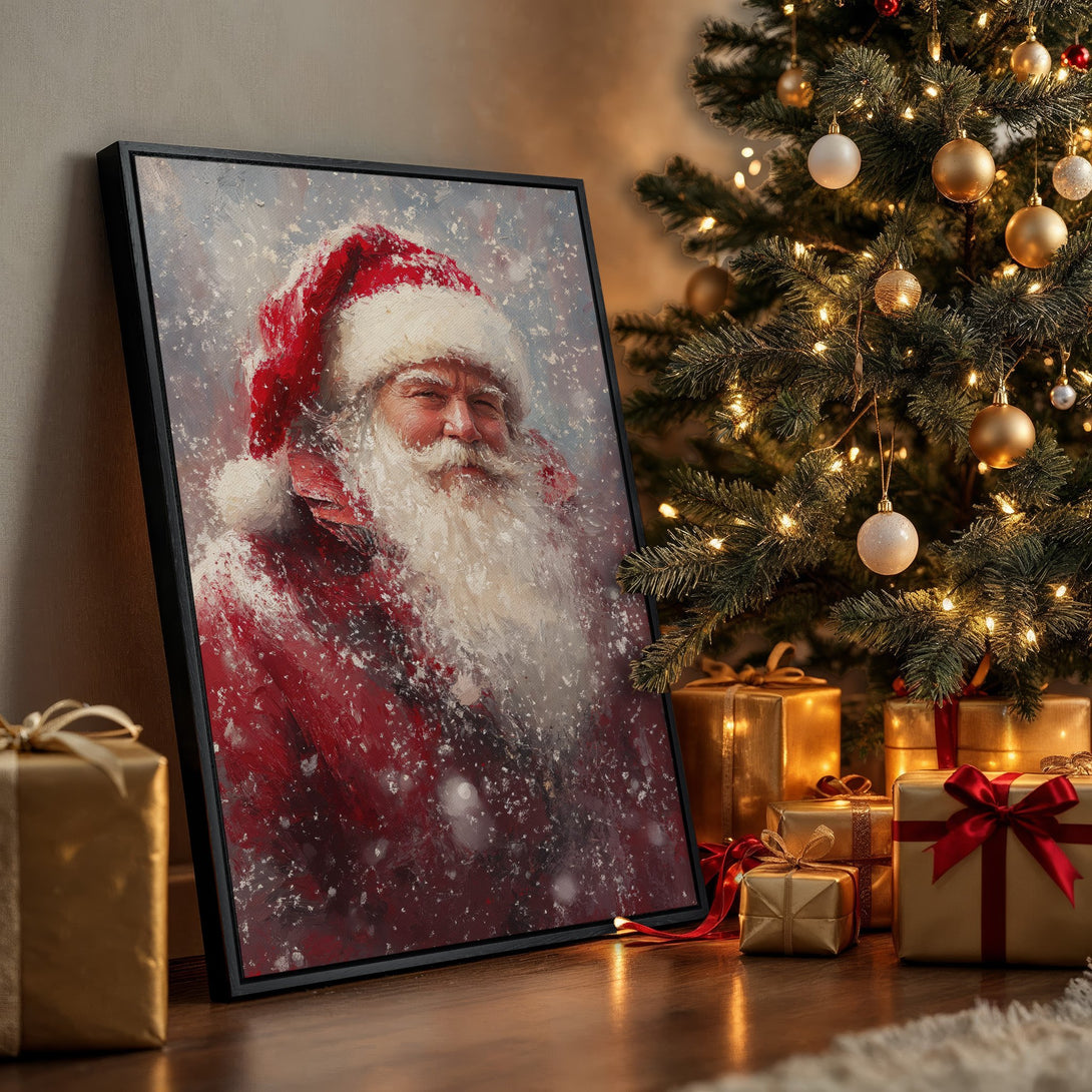Framed Wall Art featuring Santa Claus in a painterly style with a red and white color palette. Perfect Christmas decor!