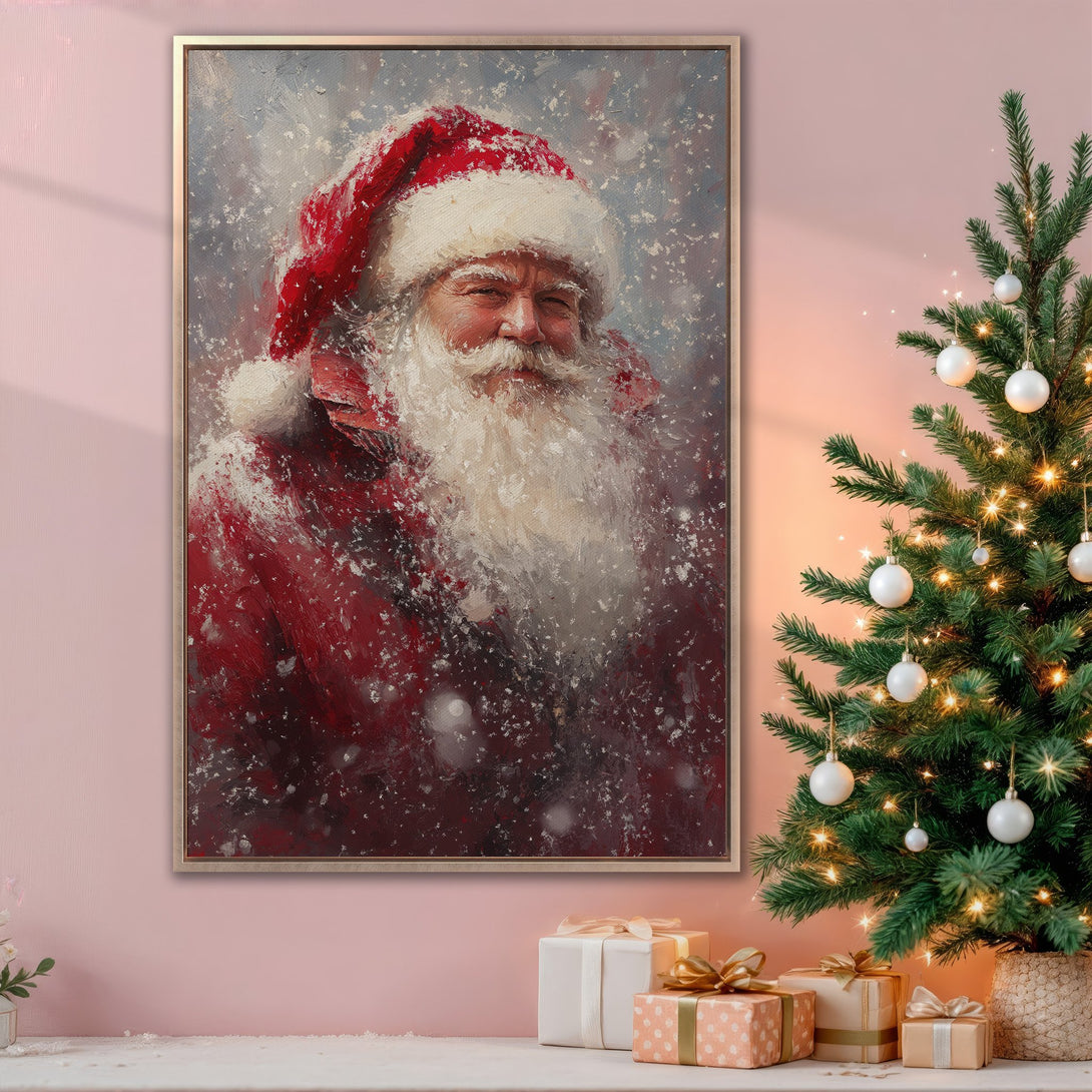 Framed Wall Art: Santa Claus oil painting in red and white, perfect for Christmas decor. Festive art with a warm, inviting color palette.