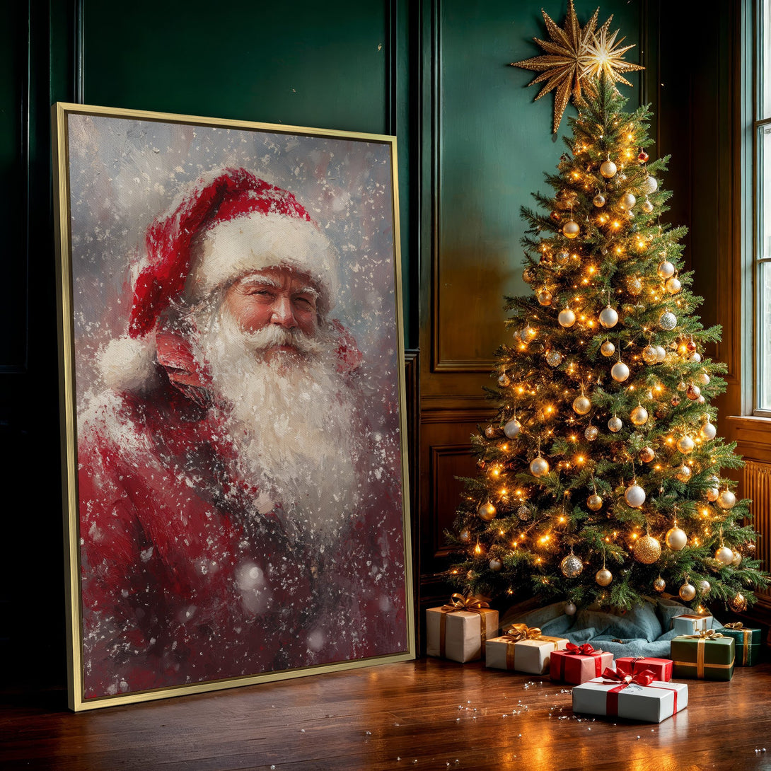 Canvas Print of Santa Claus portrait, festive red and white color palette, impressionistic style, perfect Christmas wall art.