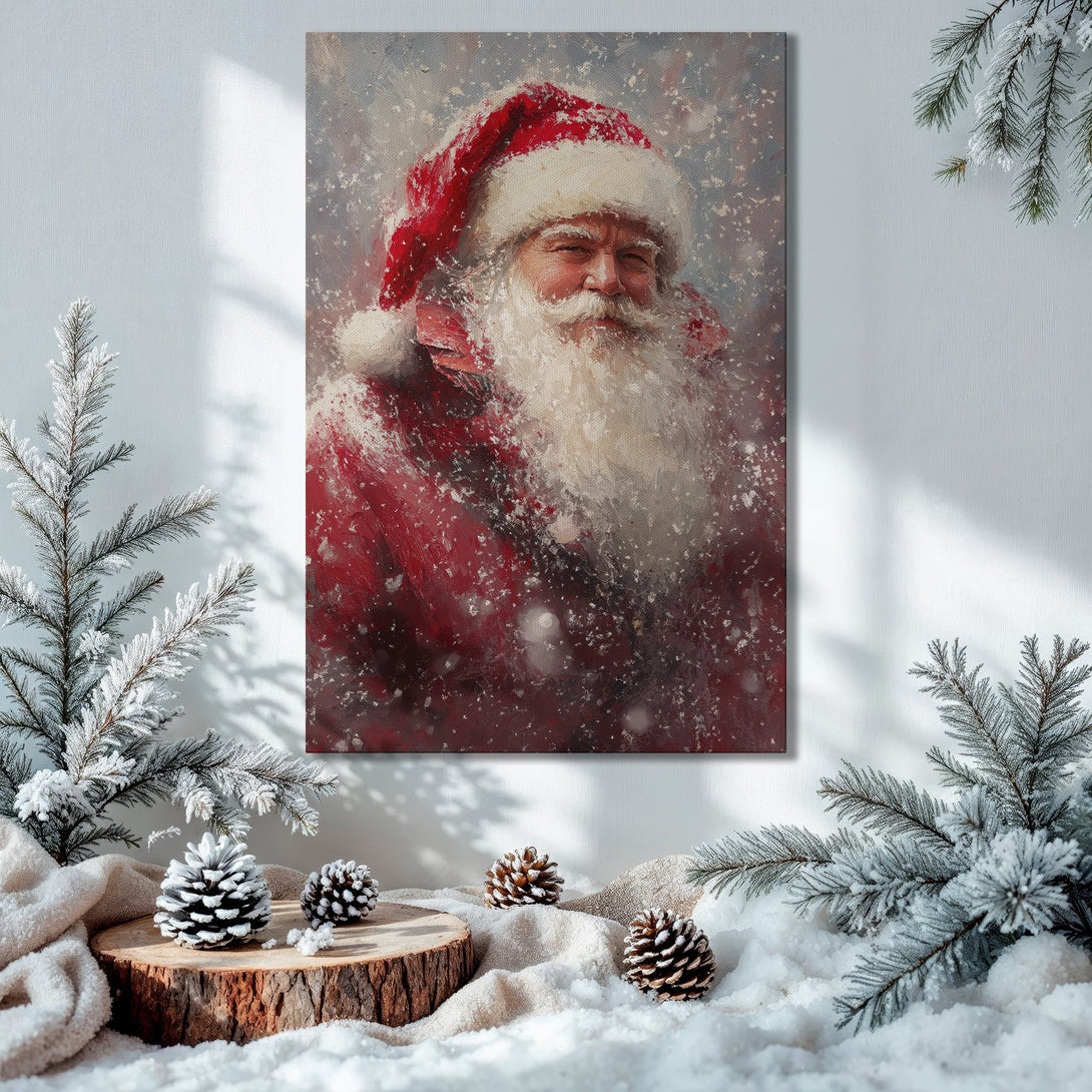 Framed Wall Art of Santa Claus in a Christmas setting. Festive red and gold palette, perfect holiday decor.