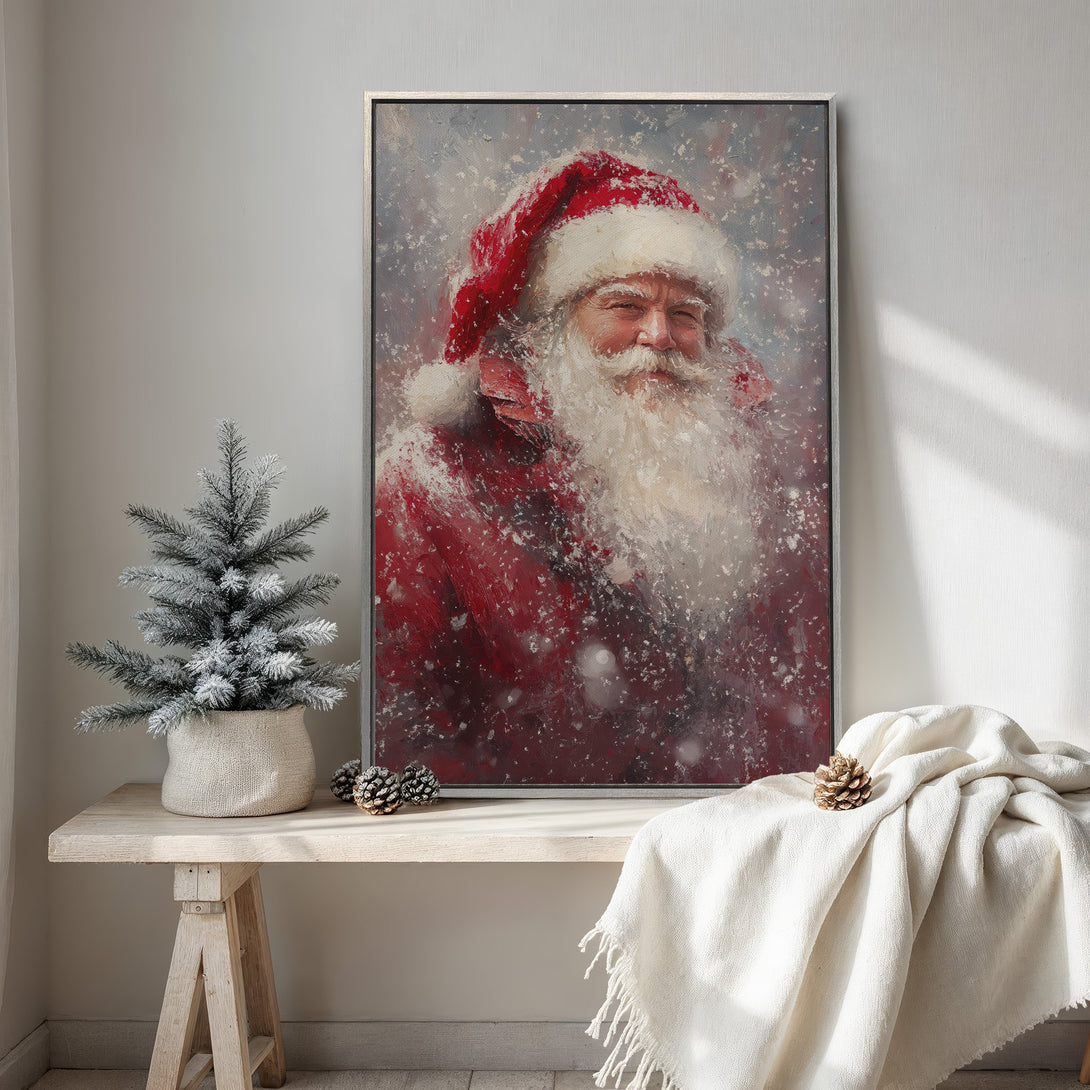 Framed Wall Art: Santa Claus portrait in a painterly style with a red and white color palette, perfect for Christmas decor.