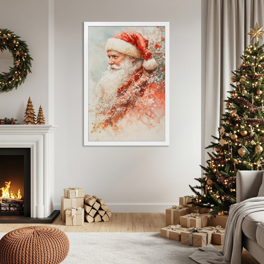 Framed Poster of Santa Claus in watercolor style, red and white color palette, perfect Christmas decor.