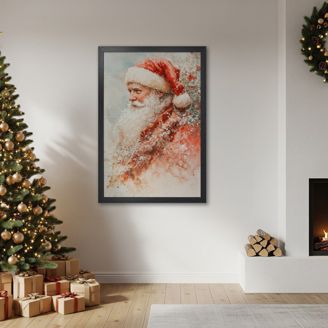Framed Poster of Santa Claus in watercolor style, red and white color palette, perfect Christmas decor.