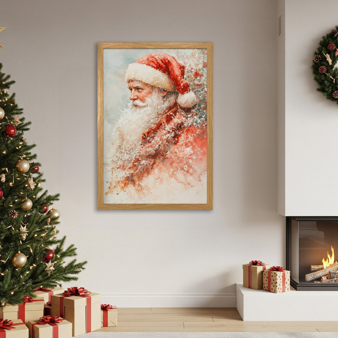 Framed Poster of Santa Claus in watercolor style, featuring a red and white color palette, perfect for Christmas decor.