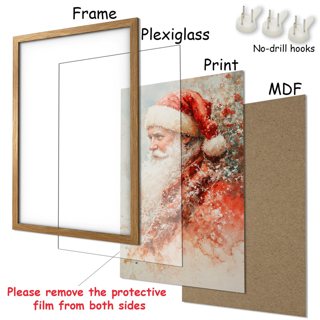 Framed Poster of Santa Claus in watercolor style, featuring a red and white color palette. Perfect Christmas decor!