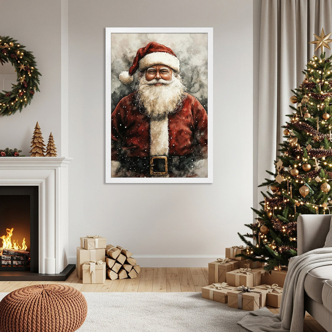 Framed Poster of Santa Claus in watercolor style, red and white palette, perfect Christmas decor.