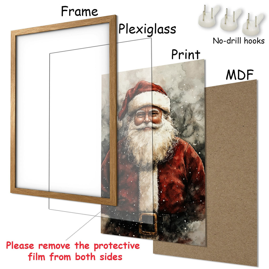Framed Poster featuring Santa Claus in watercolor style, red and neutral tones. Perfect Christmas wall art!