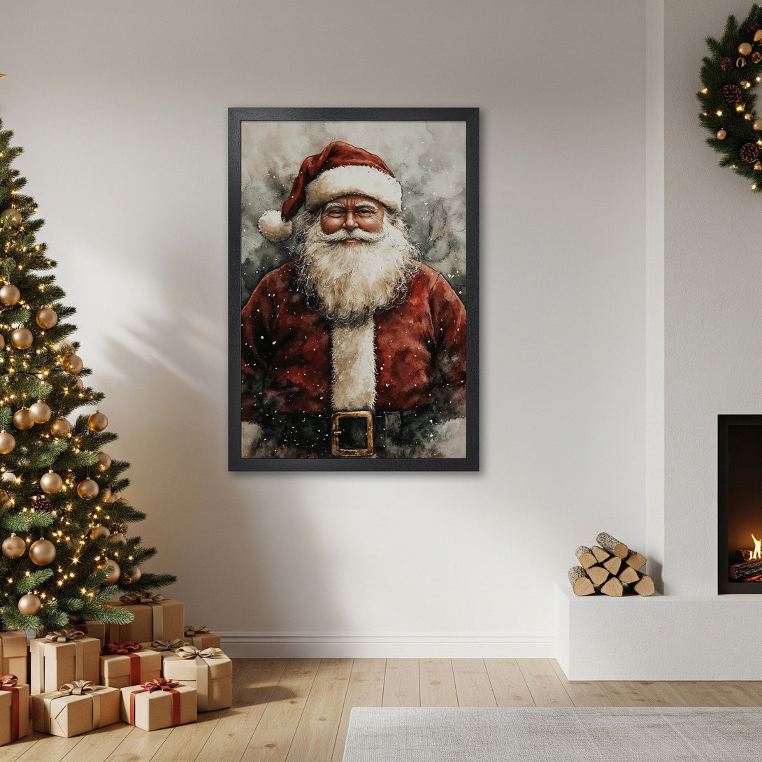 Framed Poster featuring Santa Claus in watercolor style, red and neutral color palette, perfect Christmas decor.