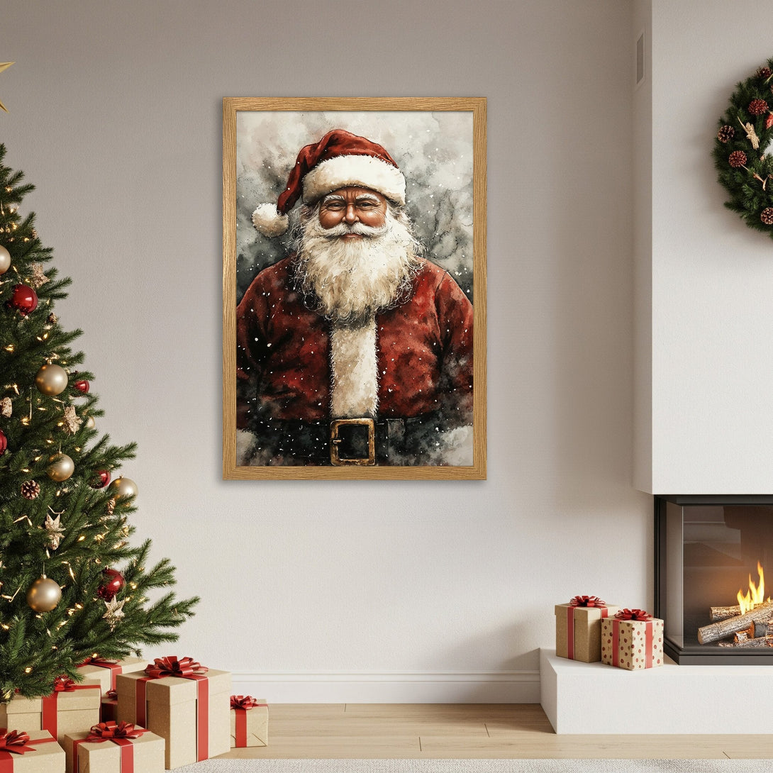 Framed Poster of Santa Claus, watercolor style, red & white color palette, perfect Christmas decor.