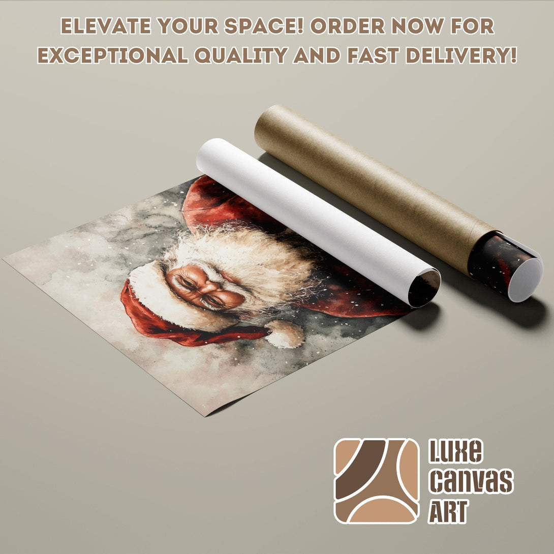 Watercolor Santa Poster Roll in red, white, and gray tones. Elevate your space with Luxe Canvas Art!