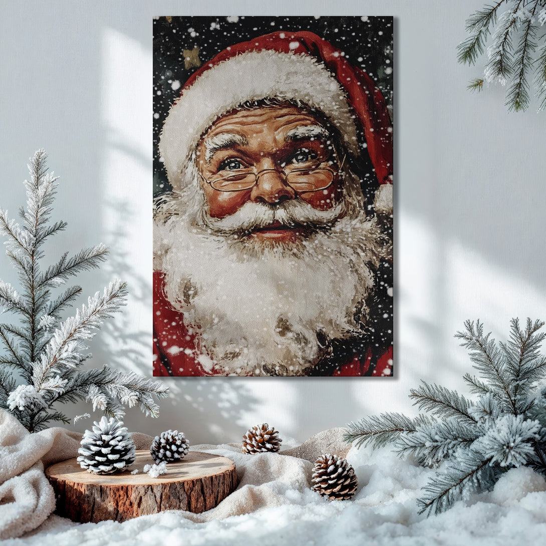 Framed Wall Art: Santa Claus portrait in rich red & gold tones, perfect for Christmas decor. Festive & cozy interior design.