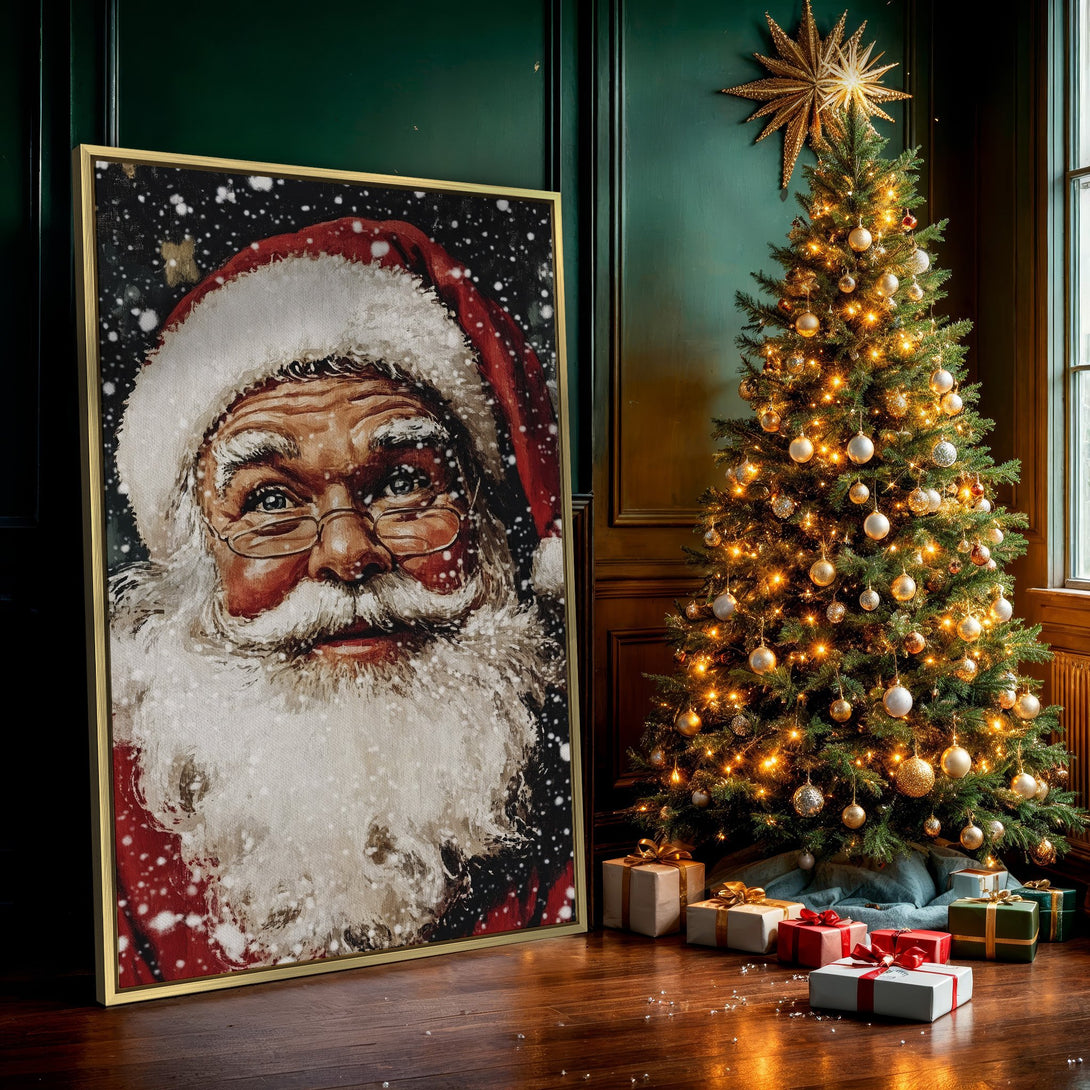 Canvas Print of Santa Claus portrait, festive art with red, white, and brown tones. Perfect Christmas decor for your home.