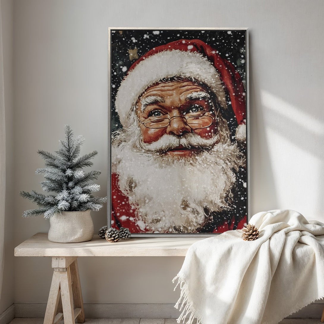 Framed Wall Art featuring Santa Claus in a vintage style. Festive red, white, and black color palette. Perfect Christmas decor for your home!