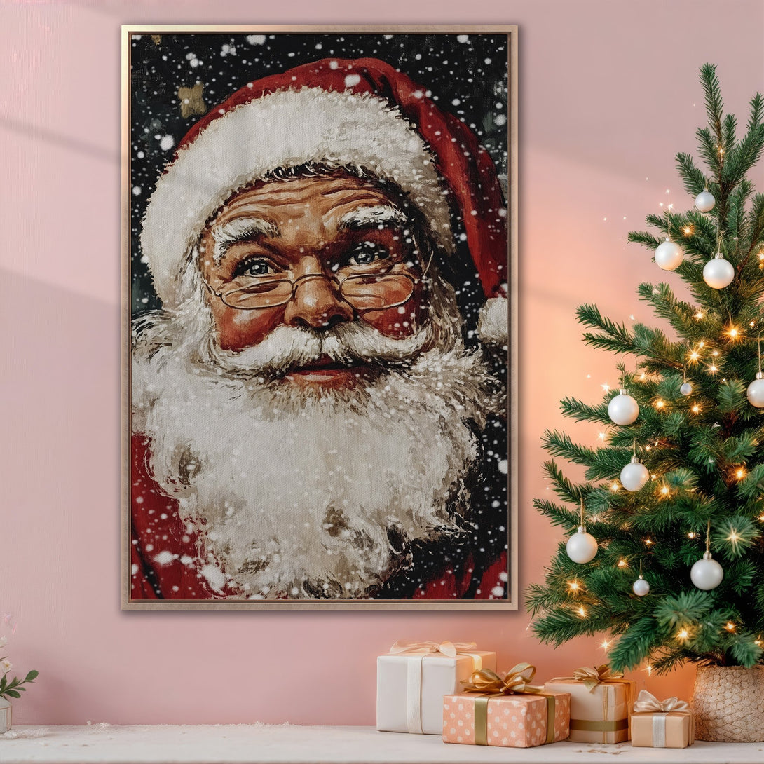 Framed Wall Art featuring Santa Claus in a painterly style, with a red, white, and black color palette. Perfect Christmas decor for your home!