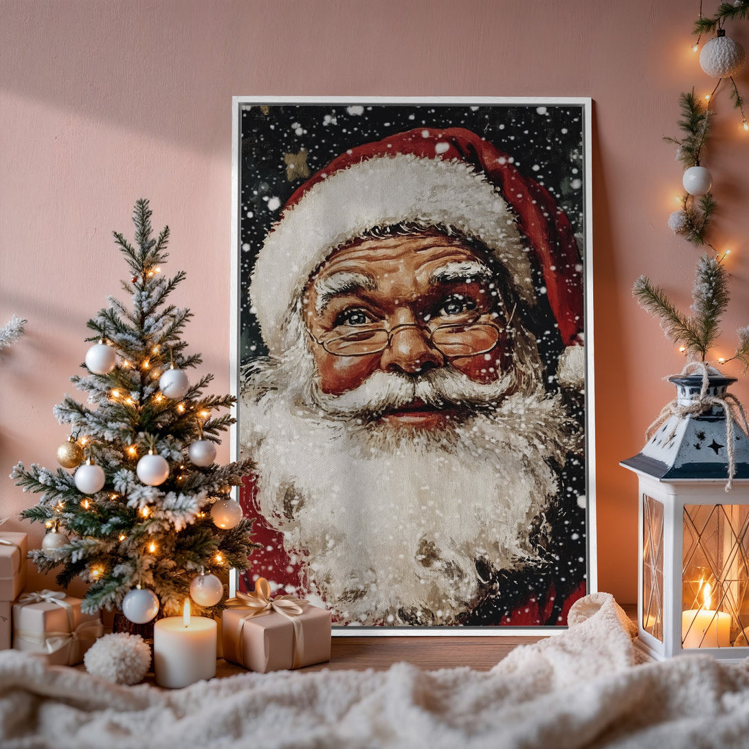 Framed Wall Art: Santa Claus portrait in warm tones. Festive holiday decor with a cozy, inviting aesthetic. Perfect Christmas gift!