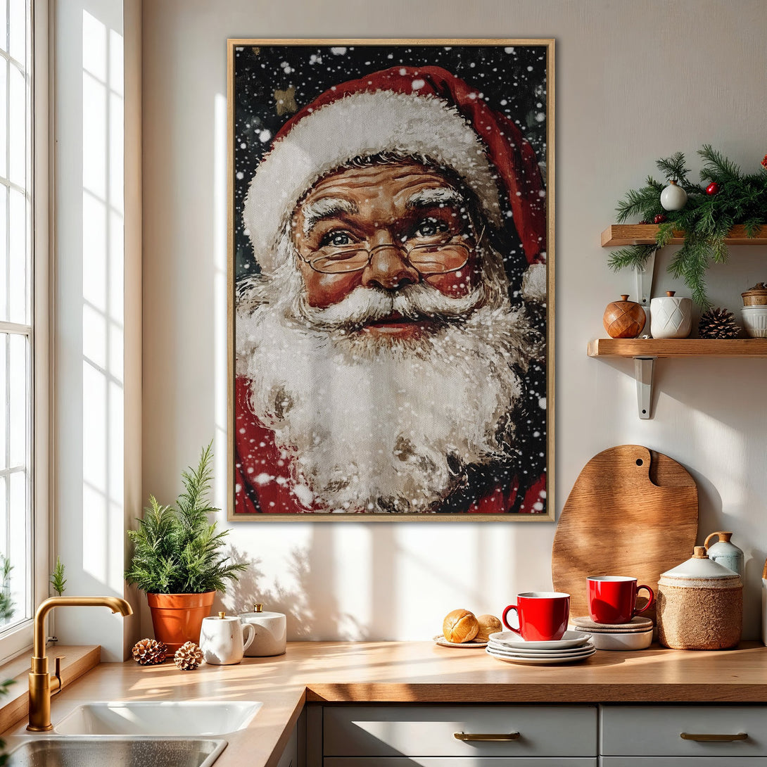 Framed Wall Art: Vintage Santa portrait in a cozy kitchen. Festive red, white, and black color palette. Perfect Christmas decor!