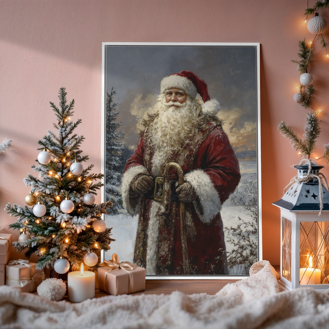 Framed Wall Art: Classic Santa Claus portrait in a winter landscape. Rich red and snowy white tones bring holiday cheer. Perfect Christmas decor!