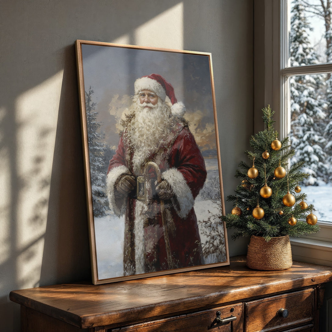 Framed Wall Art: Vintage Santa Claus painting with a warm, inviting color palette. Perfect Christmas decor for a cozy home.