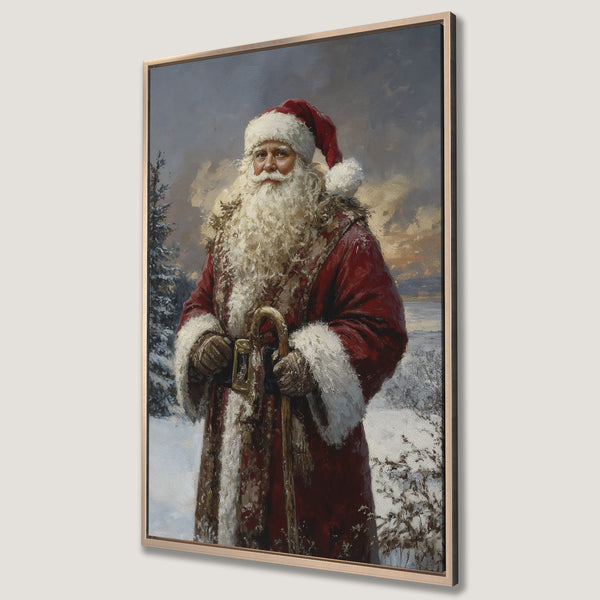 Framed Wall Art featuring Santa Claus in a classic, painterly style. Rich red and wintery white hues create a festive, vintage aesthetic for your holiday decor.