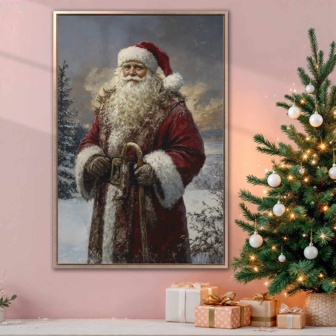 Framed Wall Art featuring a classic Santa Claus portrait in a winter scene. Rich red, white, and gray color palette. Perfect holiday decor.