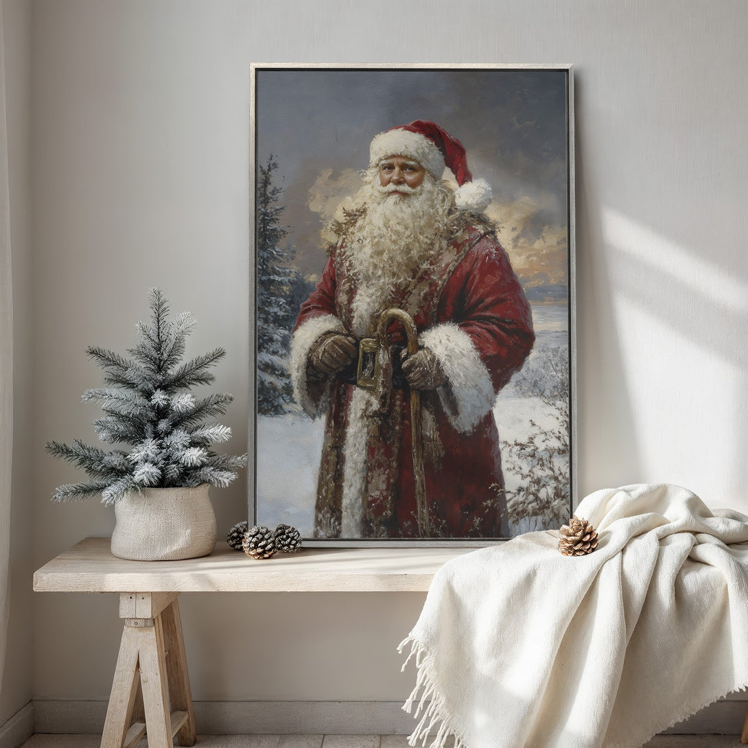 Framed Wall Art: Vintage Santa Claus painting in a snowy landscape. Classic red and white palette, perfect for Christmas decor.