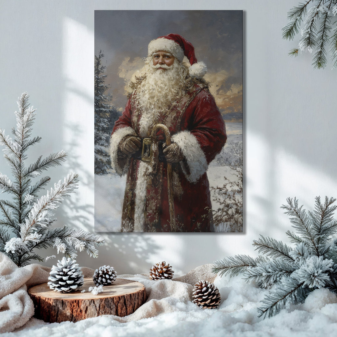 Framed Wall Art: Classic Santa Claus portrait in a cozy Christmas setting. Rich red, gold, and green color palette. Perfect holiday decor!