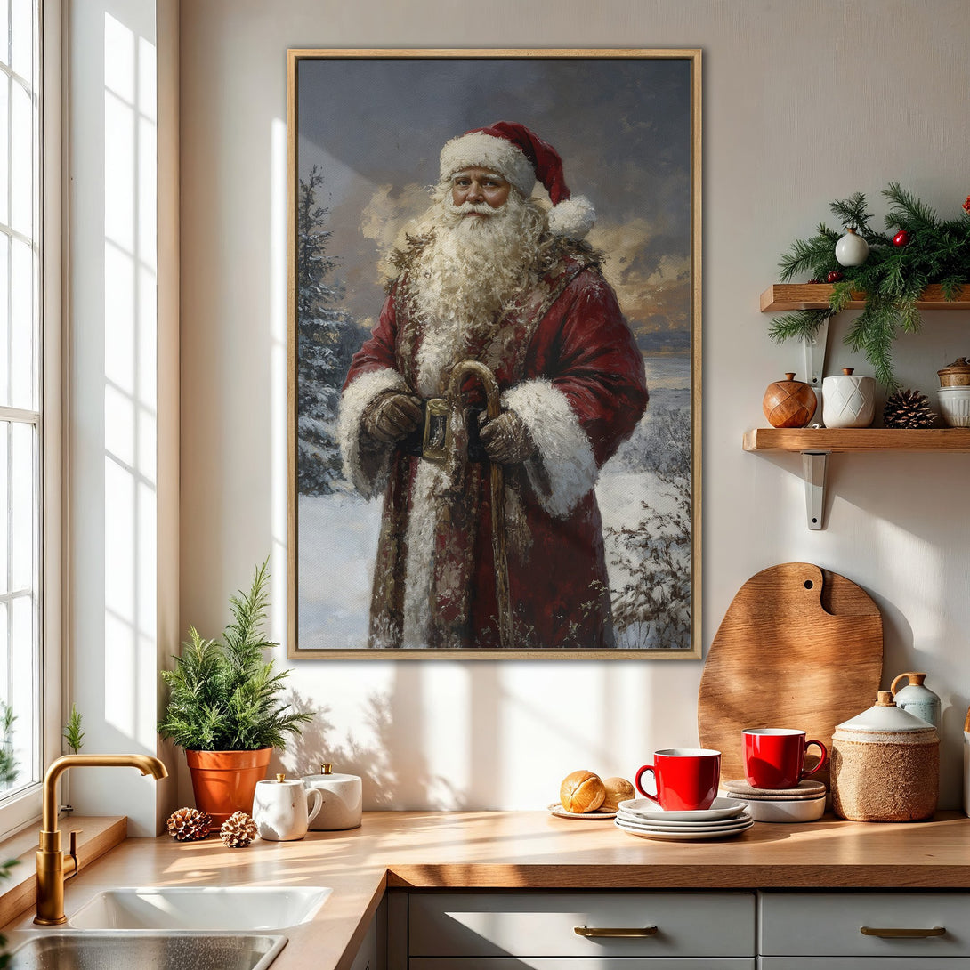 Framed Wall Art featuring Santa Claus in a winter landscape. Warm red and white palette adds festive charm. Perfect Christmas decor for your home!