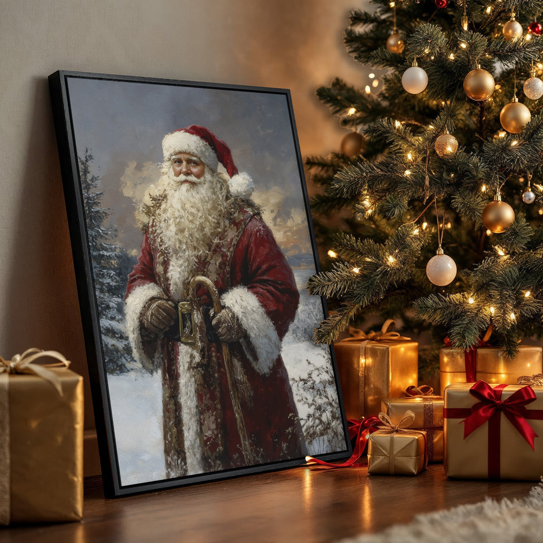 Framed Wall Art: Classic Santa Claus painting in a winter scene, rich red and cool blue tones. Perfect Christmas decor!