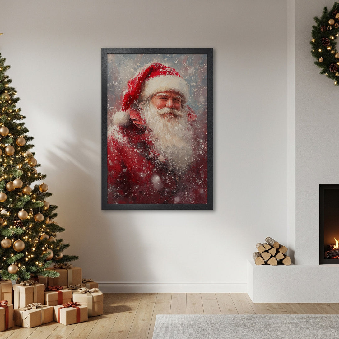 Framed Poster of Santa Claus in a red and white color palette, painted in an impressionistic style, perfect for Christmas decor.