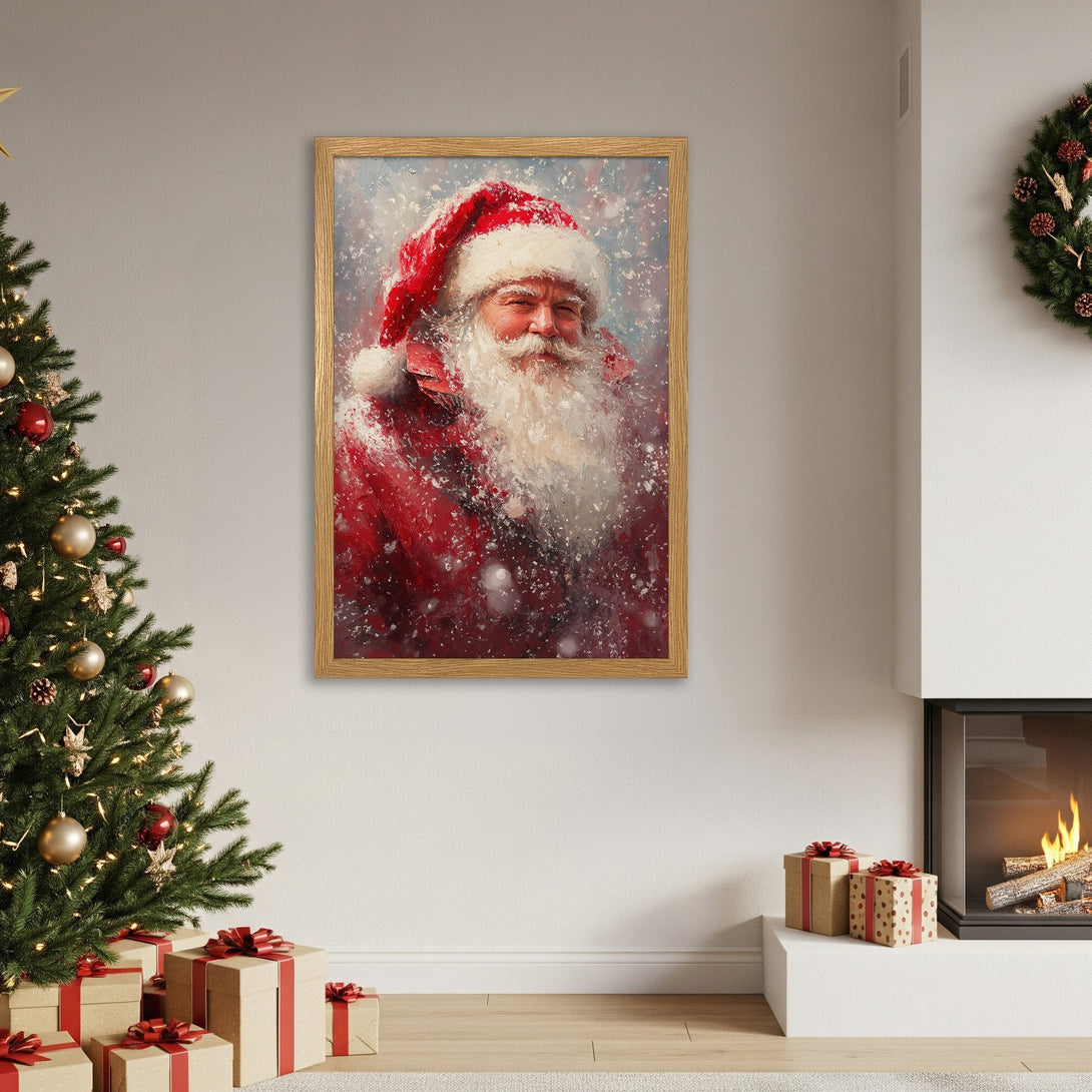 Framed Poster featuring Santa Claus in a painterly style with a red and white color palette, perfect for Christmas decor.