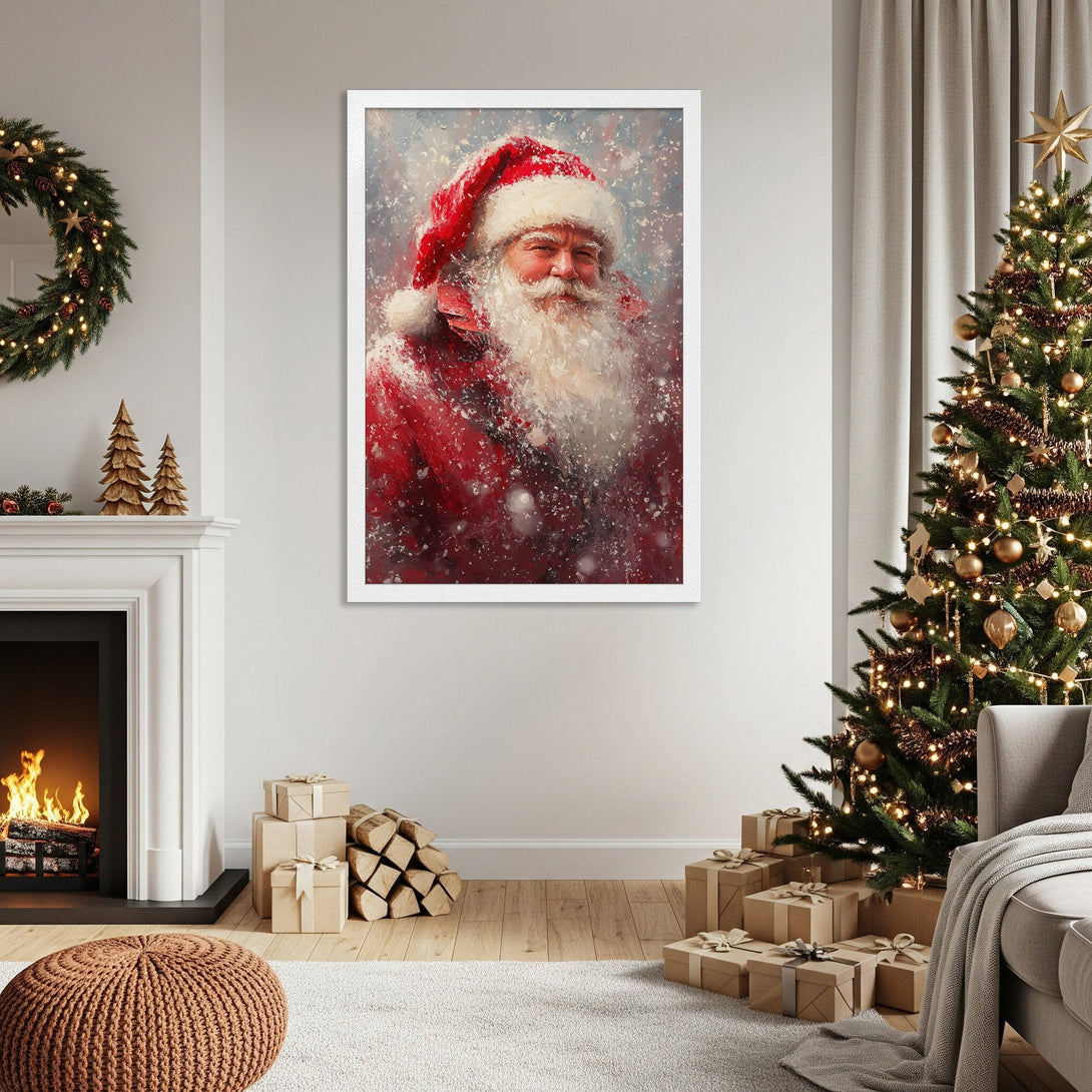 Framed Poster featuring Santa Claus in a painterly style. Red and white color palette, perfect for Christmas decor. Add festive cheer to your home!