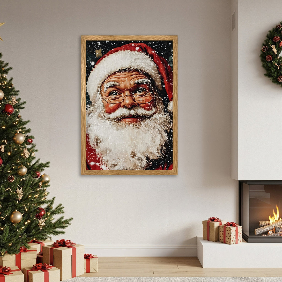 Framed Poster of Santa Claus, warm Christmas colors, festive art for home decor.