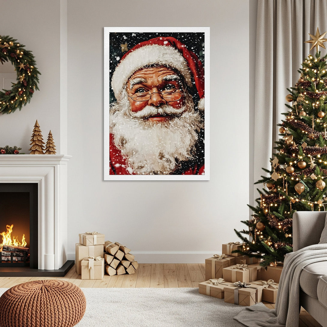 Framed Poster featuring Santa Claus portrait, vintage style, warm red and white palette, perfect Christmas decor.