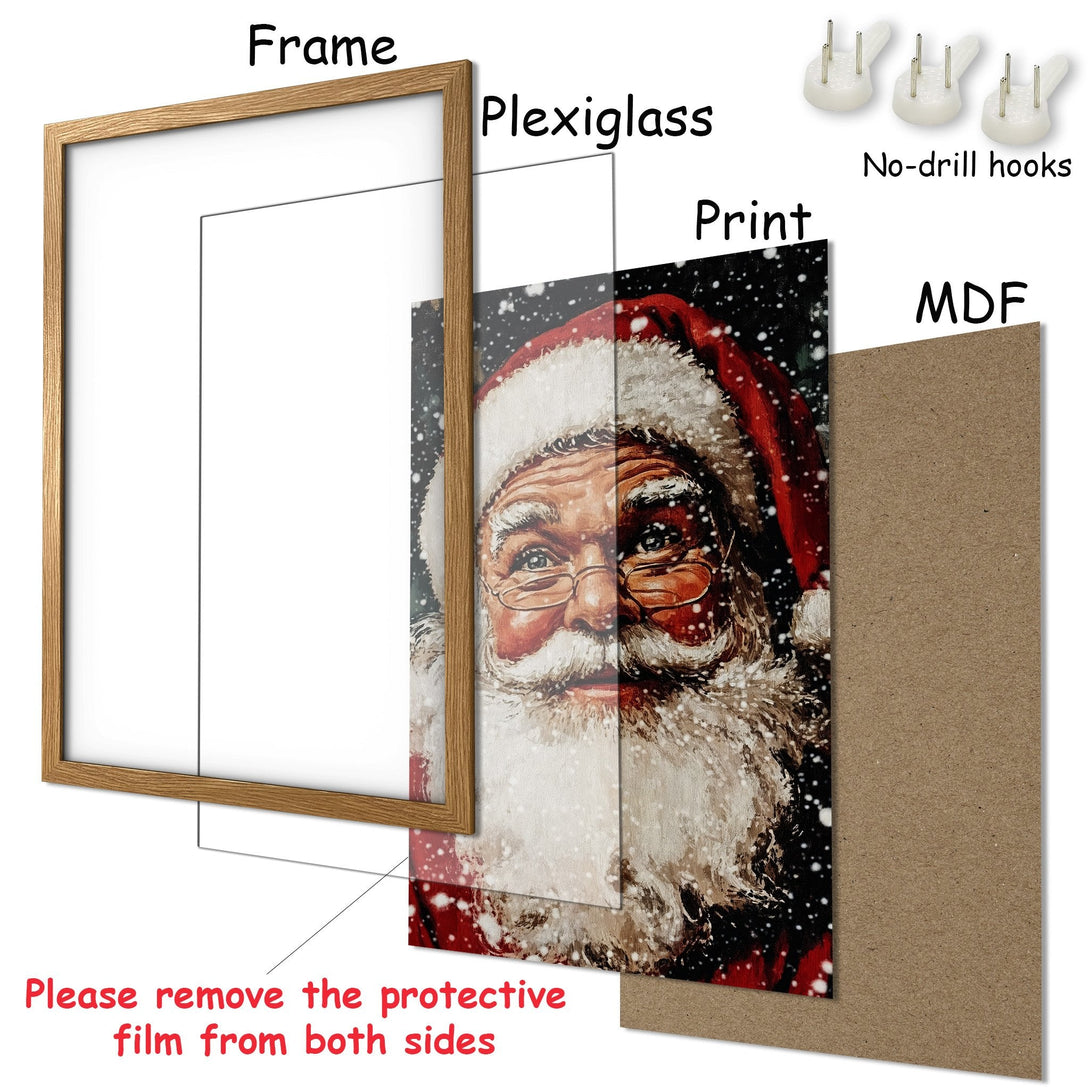 Framed Poster featuring Santa Claus in a vintage style with red and white tones. Perfect Christmas decor!