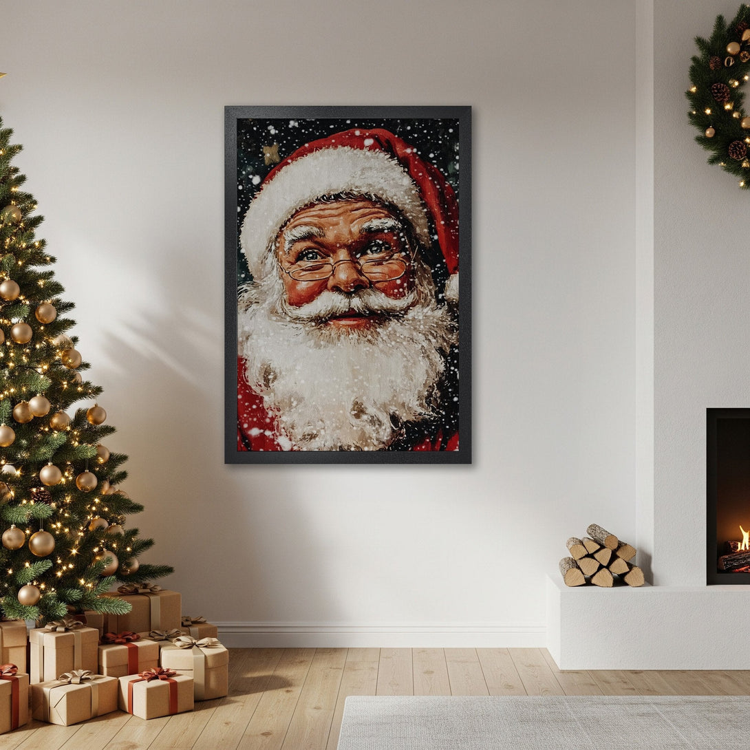 Framed Poster featuring Santa Claus portrait, festive holiday art, red and white color palette, perfect Christmas decor.