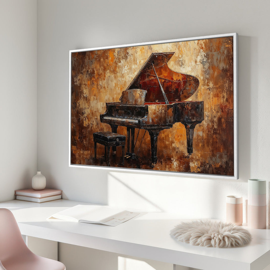 Framed Wall Art: Abstract piano art print in warm brown and gold tones. Adds a touch of elegance to any interior. Perfect for music lovers.