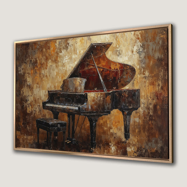Framed Wall Art: Abstract piano painting in warm brown and gold tones. Perfect for adding a touch of elegance to your home decor.